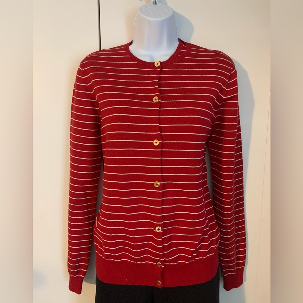 Ralph Lauren women’s red striped 2 piece silk blend cardigan set size Medium